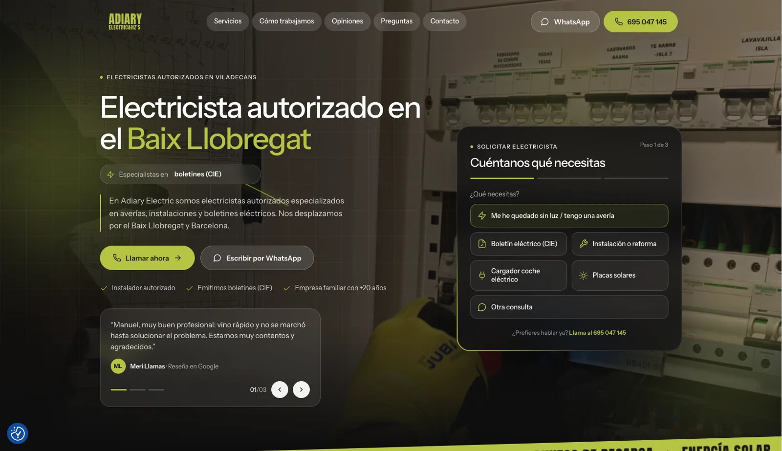 Web actual de Adiary Electric: titular «Electricista autorizado en el Baix Llobregat», formulario por pasos y reseña de Google