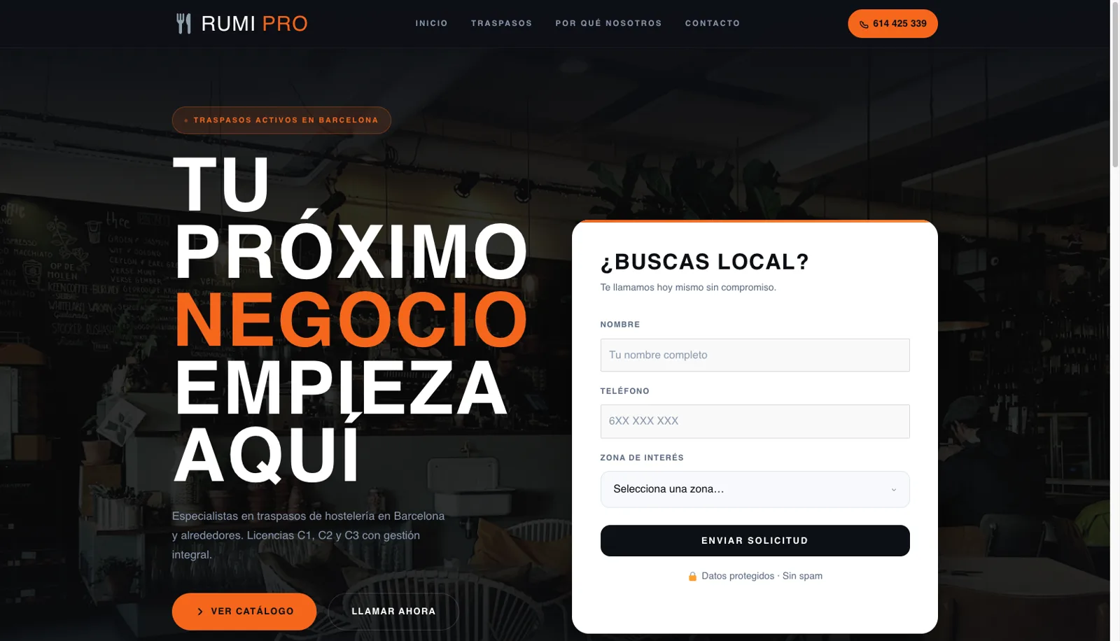 Web actual de Rumipro: titular «Tu próximo negocio empieza aquí», formulario de contacto y botón de llamada